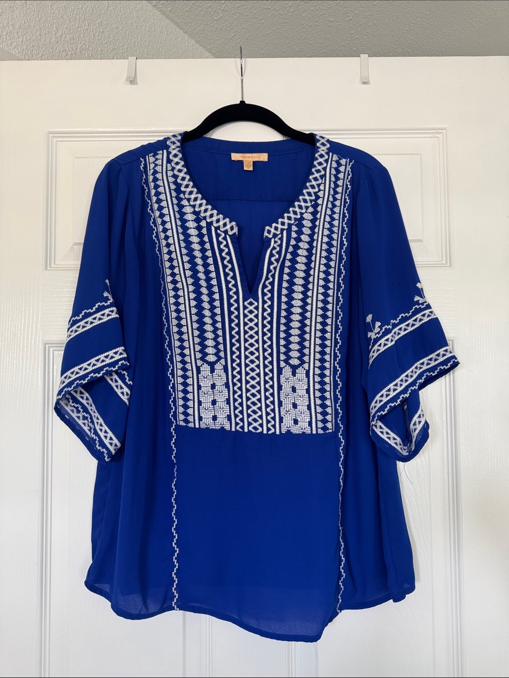 Skies Are Blue Cobalt Blue Embroidered Split-Neck Blouse
